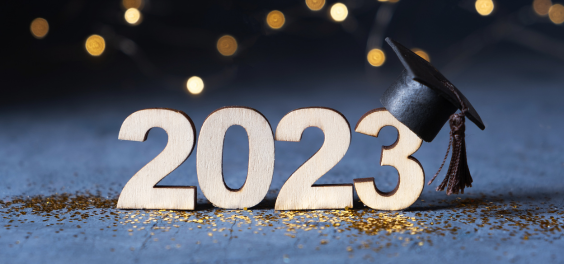 The year 2023 spelled out with a graduation cap on the 3. 